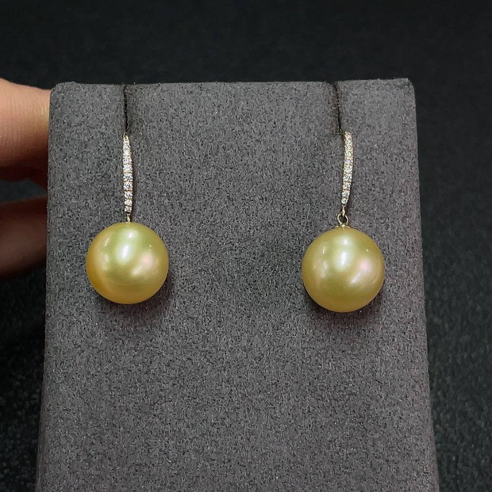 Huiliu certified seawater pearl earrings with 11.6mm lustrous pearls in natural color, gold content Au58%.