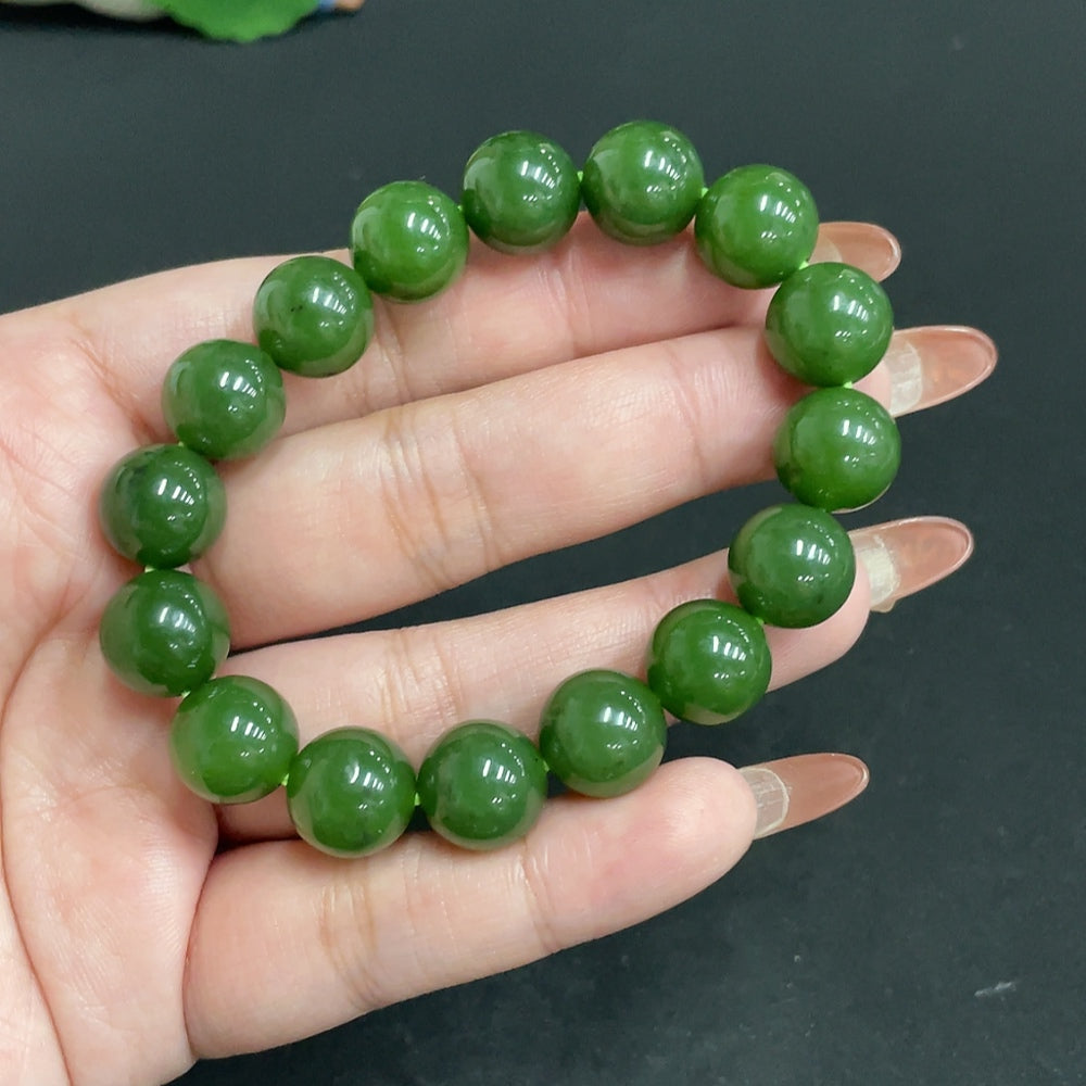 Hetian Jade Jasper bracelet with 11.5mm beads, featuring natural green and brown hues, weight approximately 41.6g, from HUILIU HQ.