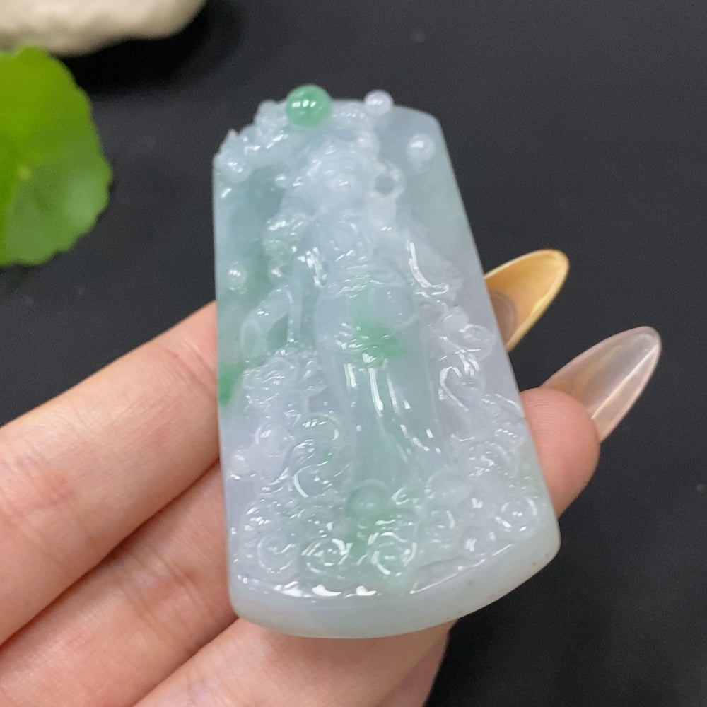 Jadeite pendant featuring Guanyin figure, weighing approximately 58.34g, crafted from high-quality jade by HUILIU HQ.