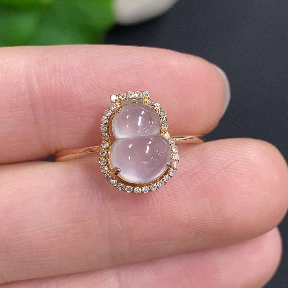 Jadeite Gourd Inlay Ring . With Diamond Accents | Huiliu Certified