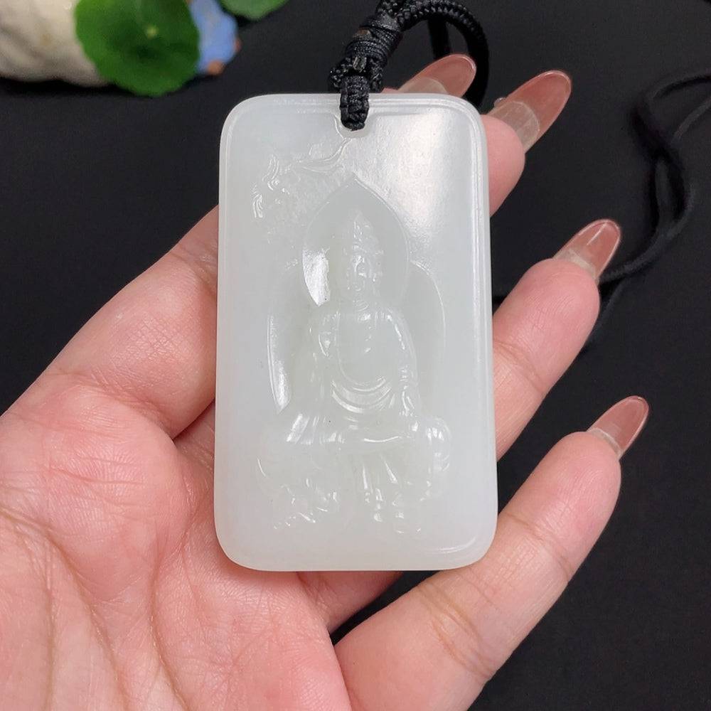 Huiliu HQ Hetian jade Guanyin pendant with rope, intricately carved, certified Huiliu jade, showcasing detailed craftsmanship.