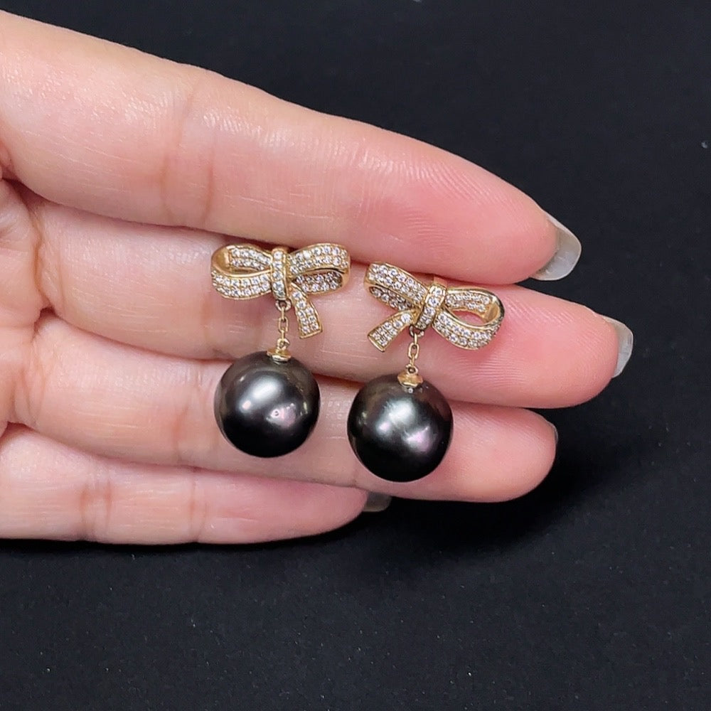 HKHQ seawater pearl earrings set in 14k gold, 12.1mm size, elegant jewelry with non-diamond pearls, weight 7.69g.