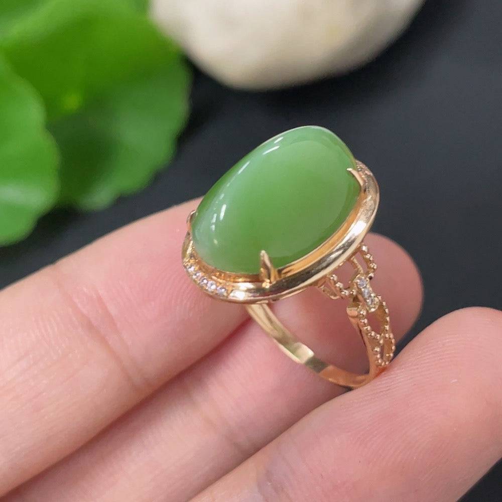 Hetian jade jasper inlaid ring by HUILIU HQ, size 14, 18k gold, non-diamond, with intricate jade design and gold band.