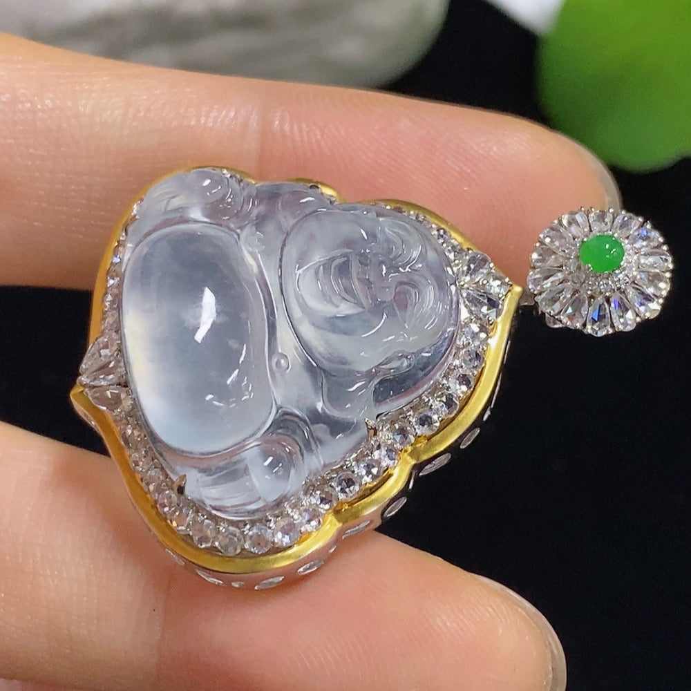 Jadeite Buddha pendant necklace by HKHQ with 18K gold accents and diamond details, displayed on a chain.