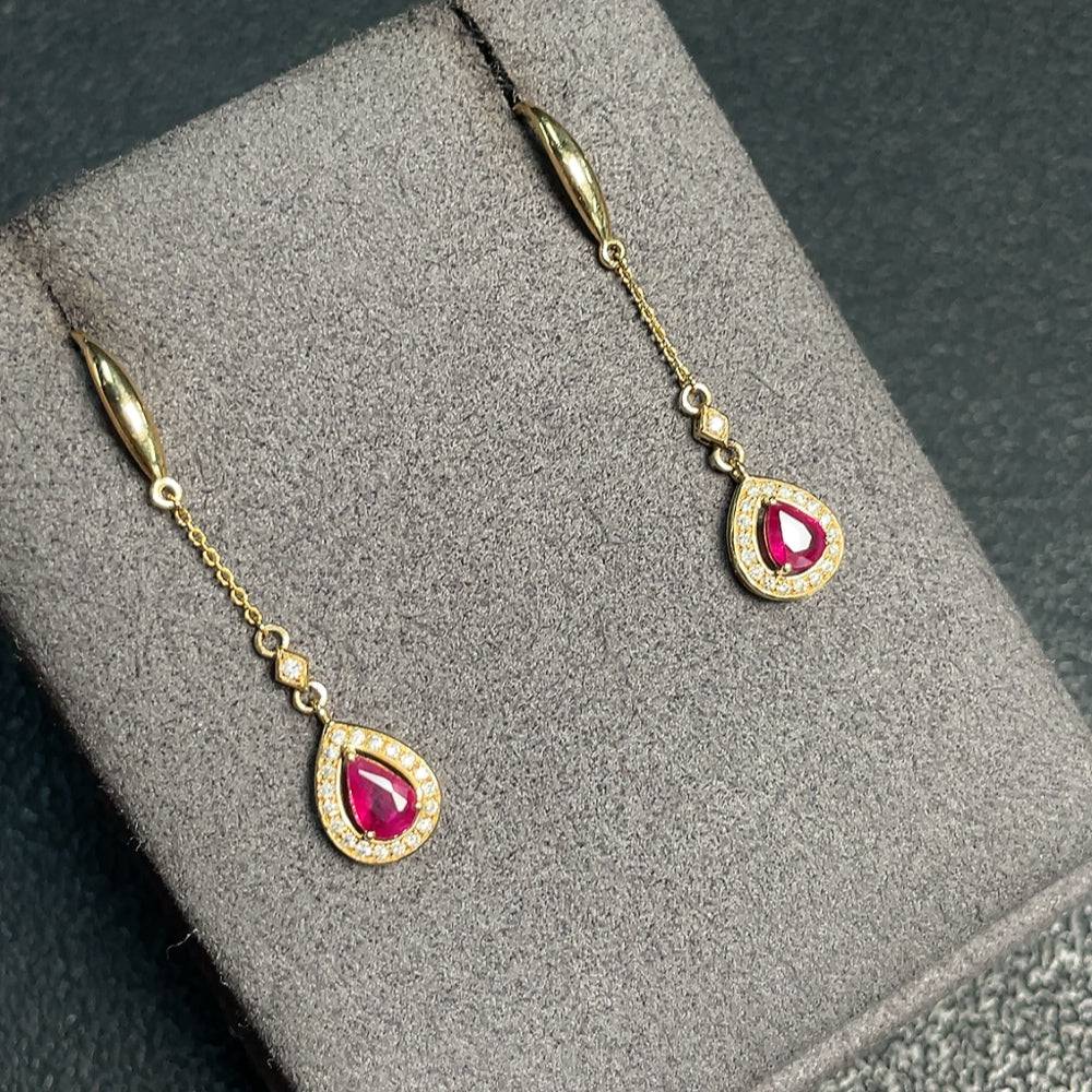 HUILIU HQ gold-filled ruby earrings with diamond accents, featuring gemstone details and a total weight of 2.16 grams.