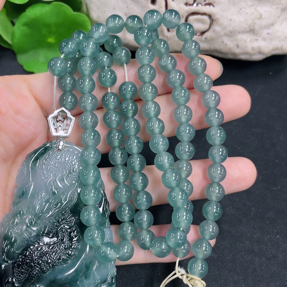 Jadeite Dragon Guardian Pendant with 18K Gold and Diamond Accents, Total Weight Approx. 95.54g (Including Chain)