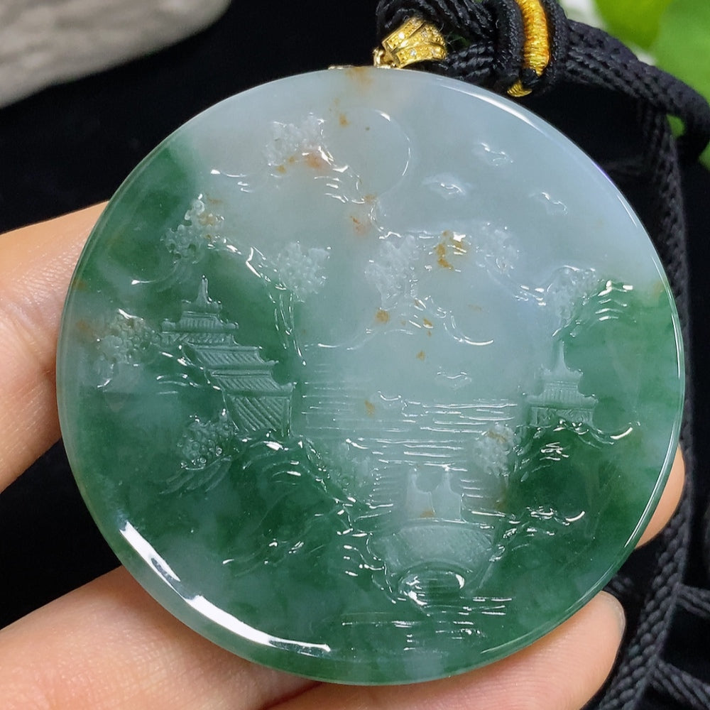 Jadeite landscape pendant by HKHQ featuring diamond accents, 18k non-gold parts, rope design, and detailed jade craftsmanship.