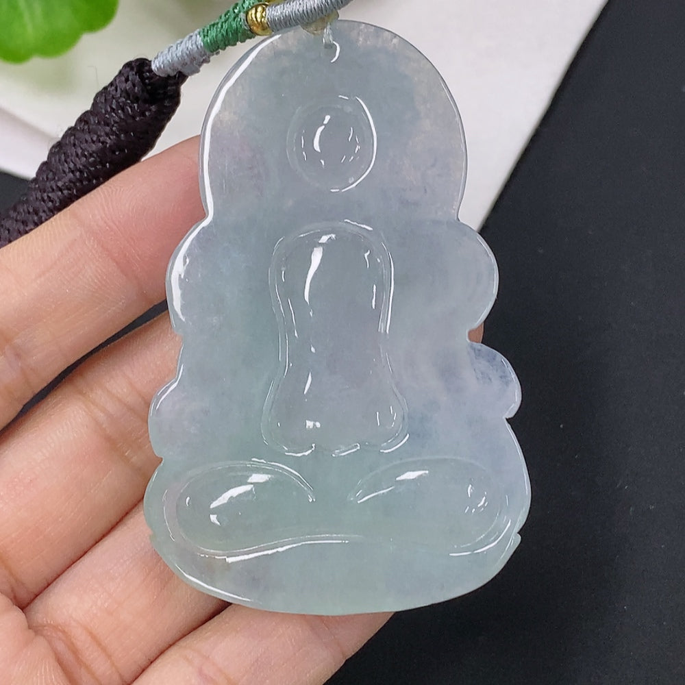 Jadeite Guanyin pendant with cord, carved from green jade, weighing approximately 31.78g, crafted by HUILIU HQ.