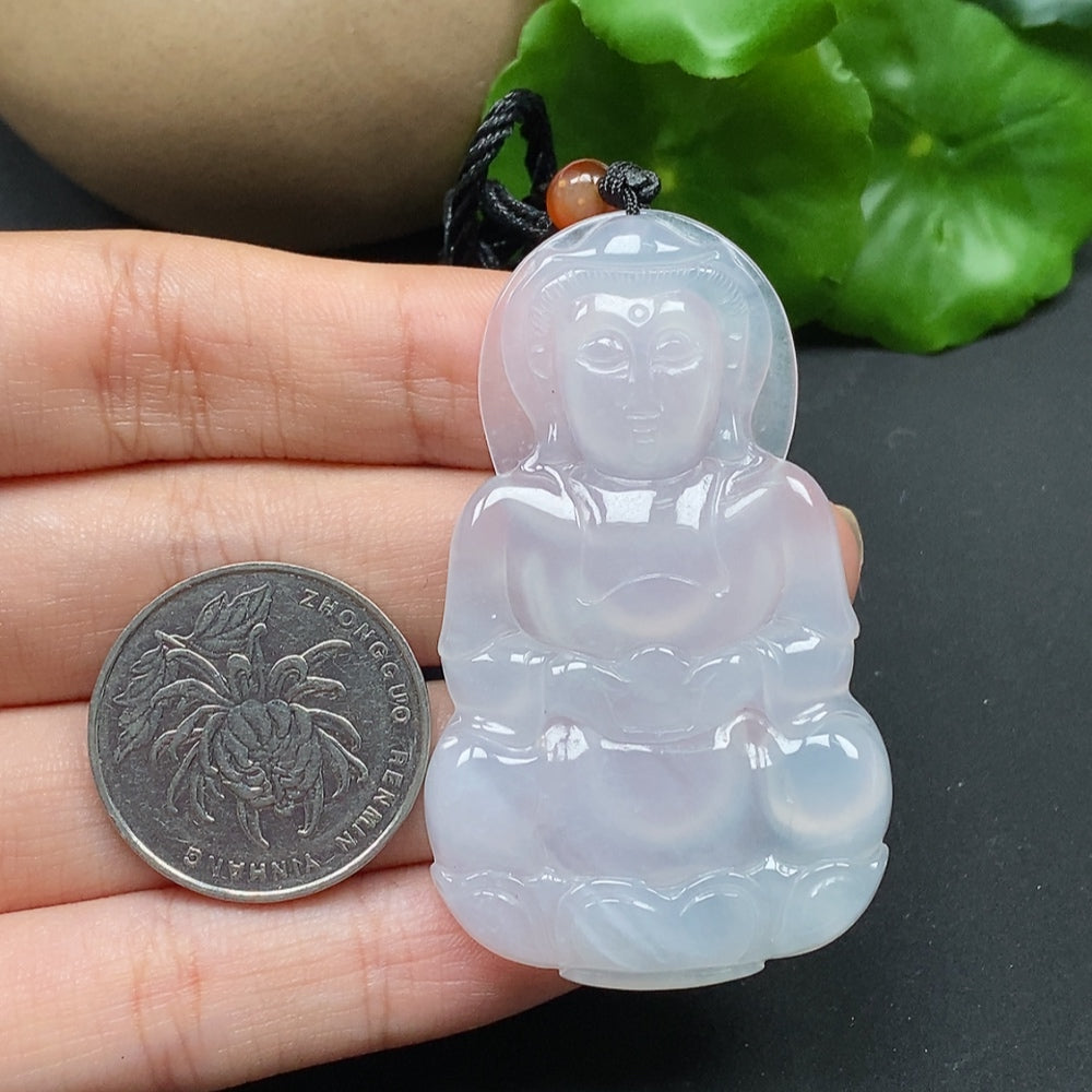 Jadeite Guanyin pendant necklace from HKHQ, featuring a detailed carved figure, weighing approximately 20.56 grams.