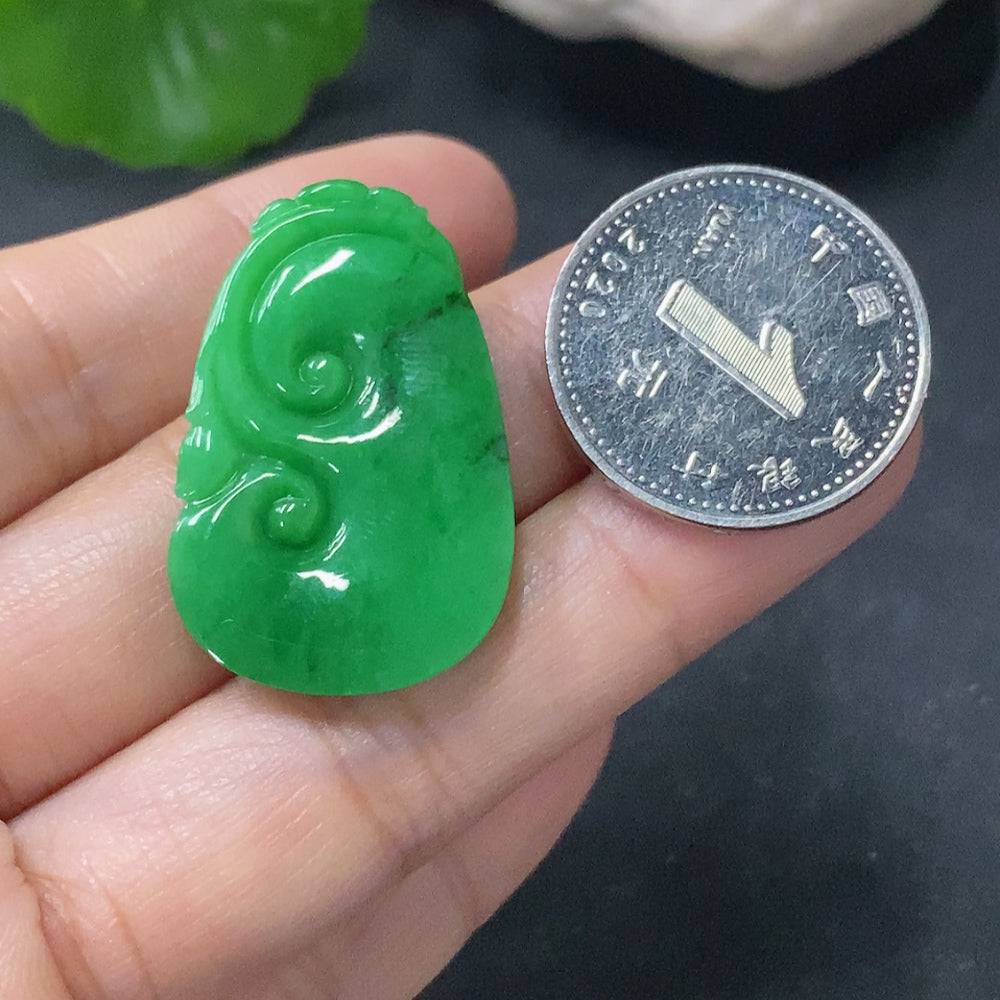 Huiliu HQ jadeite pendant Ruyi with intricate carved design, showcasing smooth, polished green jade gemstone.