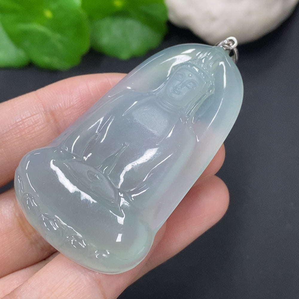 Jadeite Guanyin pendant from HUILIU HQ featuring a carved jade figure on a cord, tested for Pt95% content, no hallmark.