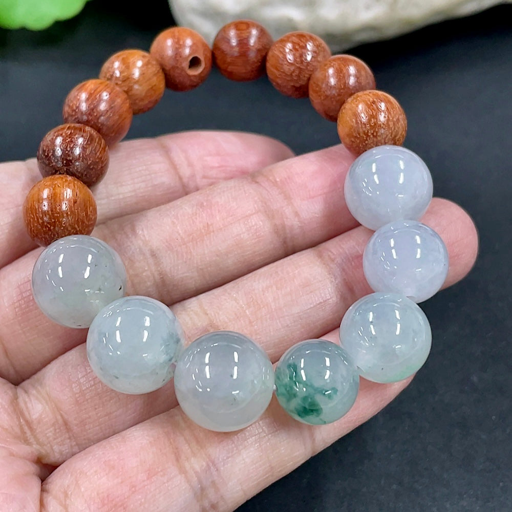 HKHQ jadeite and wood bead bracelet featuring 12.2mm jade beads, total weight around 23.8g, stylish and natural jewelry accessory.