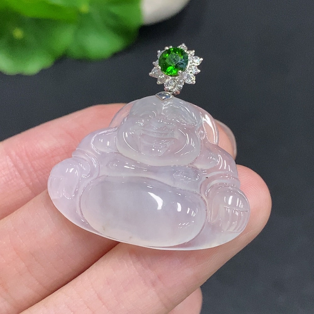 Jadeite Buddha Pendant with 18K Gold Clasp, Total Weight Approx. 8.2g, Accented with Diamonds