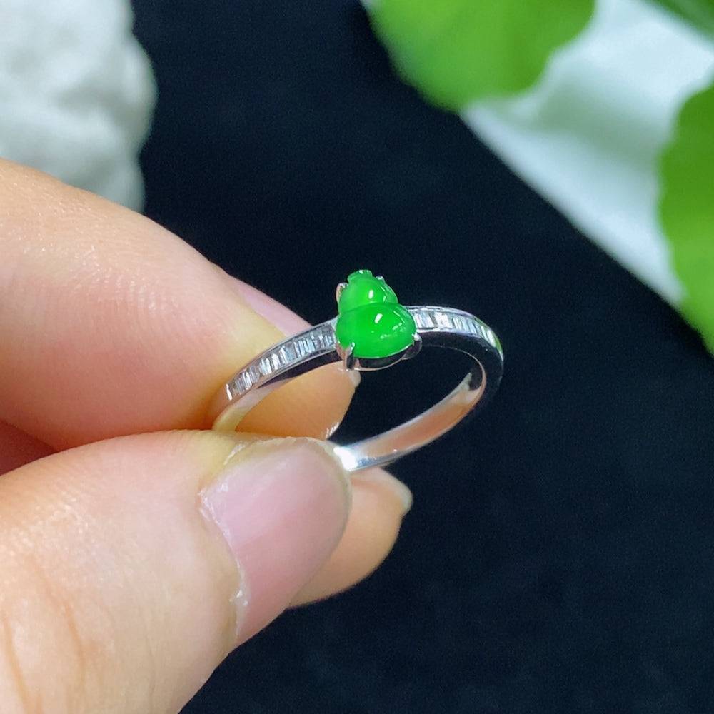 Huiliu Jadeite gourd ring with diamond accents, intricate inlay work, showcasing elegant craftsmanship and vibrant green jade.