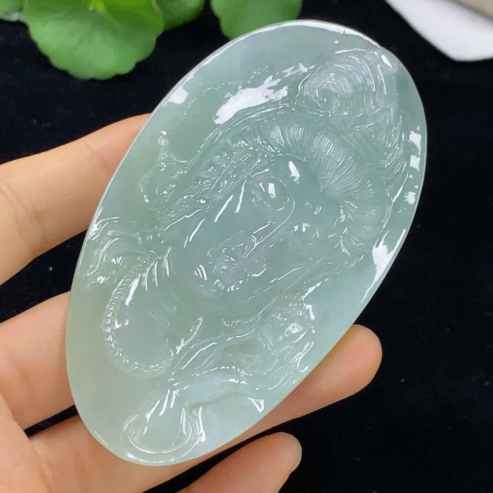 Jadeite Guanyin pendant from HUILIU HQ, featuring a detailed carved figure on smooth jade, certified by Huiliu.