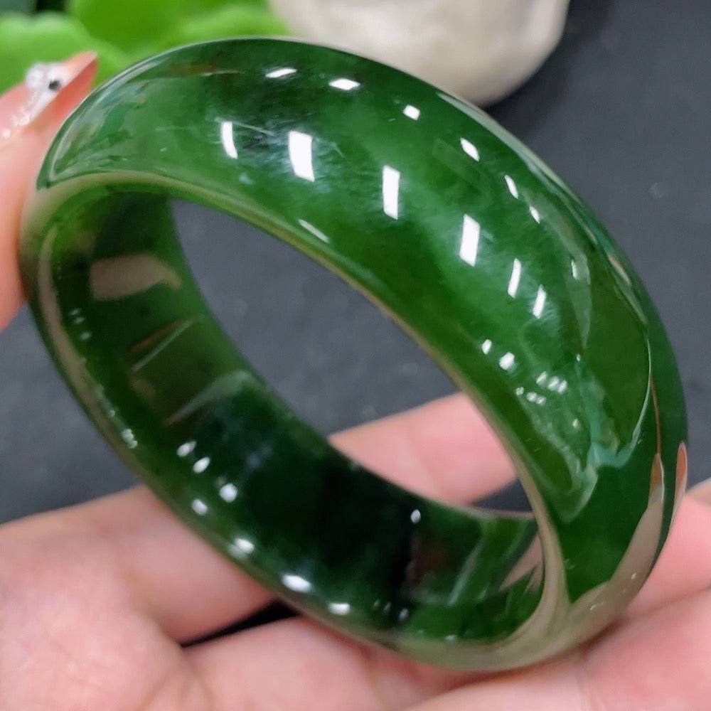 Huiliu certified Hetian green jade round bracelet featuring smooth polished jade beads on an elastic band.