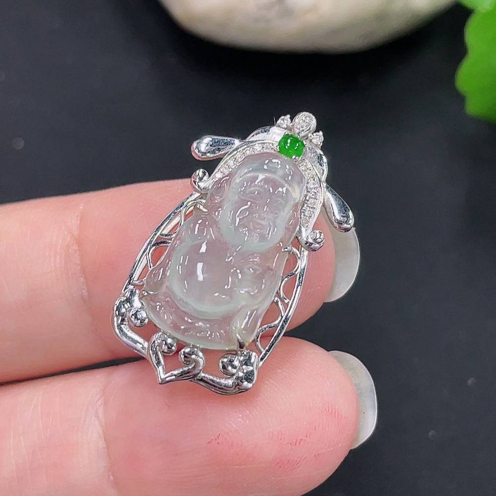 Jadeite Maitreya pendant with inlaid design in 18K gold, lightweight jewelry piece from HUILIU HQ, showcasing intricate craftsmanship.
