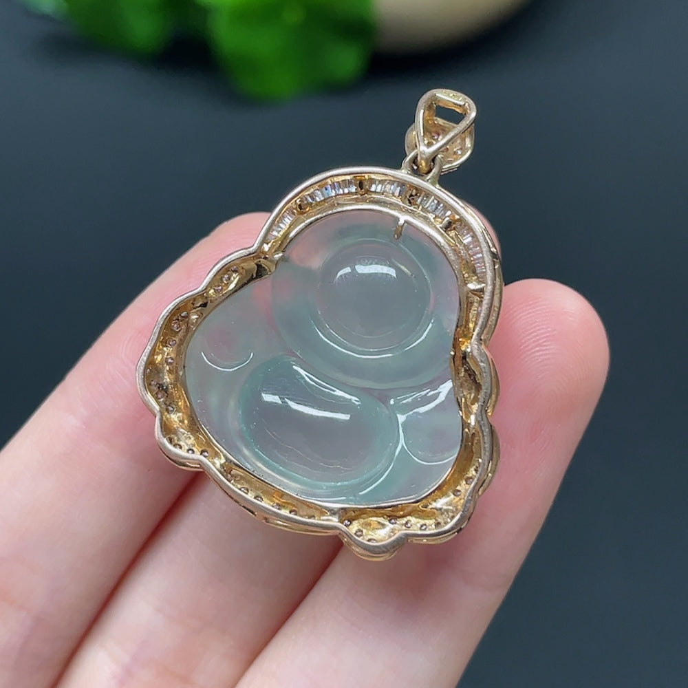 Jadeite Buddha Pendant with 18k Gold and Diamond Accents, Total Weight Approximately 11.47g
