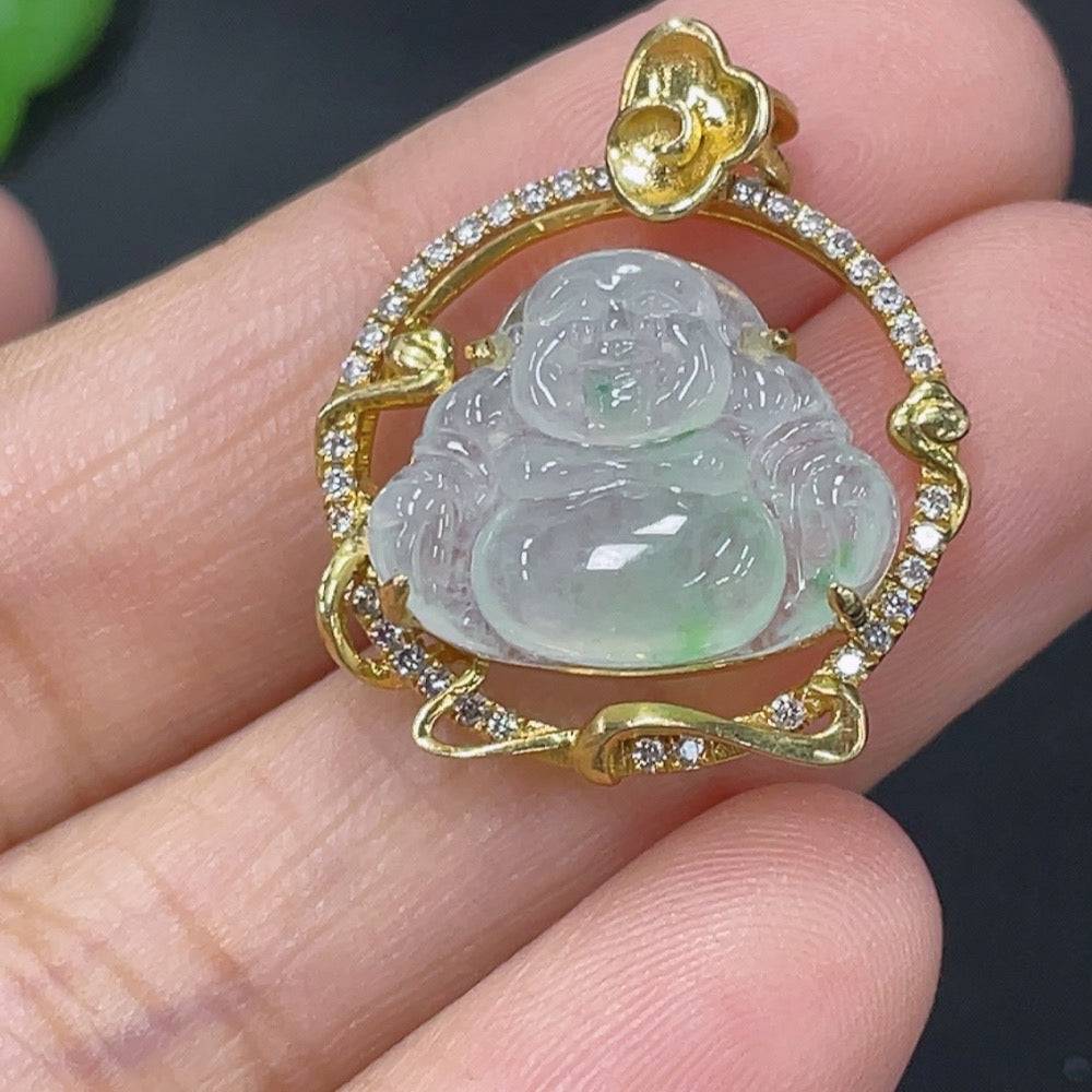 Jadeite inlaid Buddha pendant with 18k gold and diamond accents, featuring intricate jade design and craftsmanship.