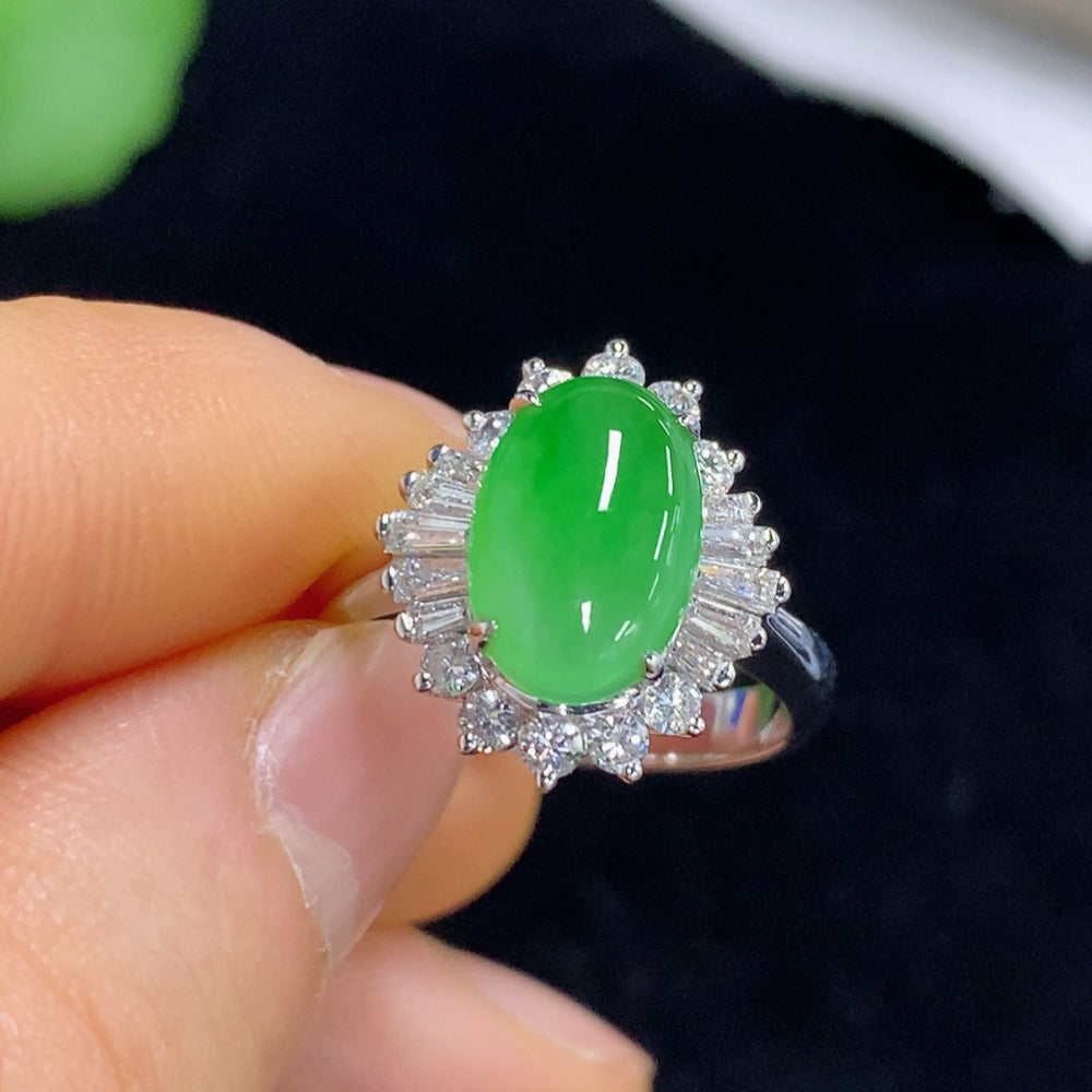 Jadeite ring set in 18k gold with diamond accents, total weight approximately 5.94g, size 15