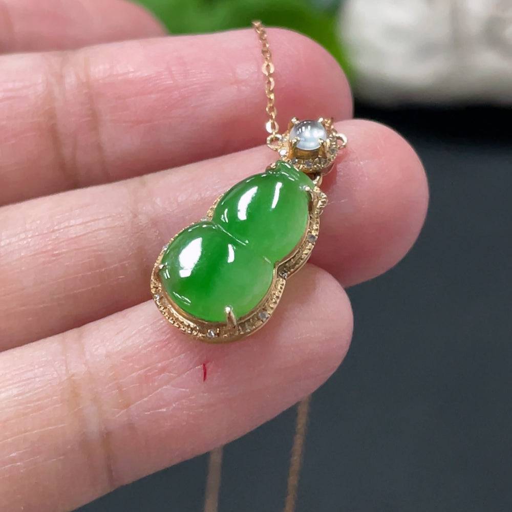 Jadeite gourd pendant necklace with 18k gold inlay and diamond accents, worn on a collarbone chain, by HUILIU HQ