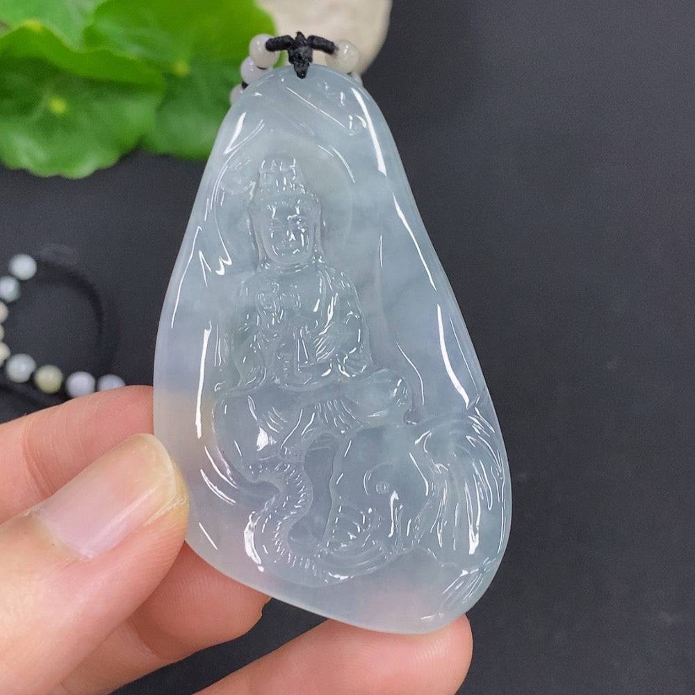 Jadeite Samantabhadra Bodhisattva pendant from HUILIU HQ, intricately carved jade jewelry featuring a peaceful Bodhisattva figure.