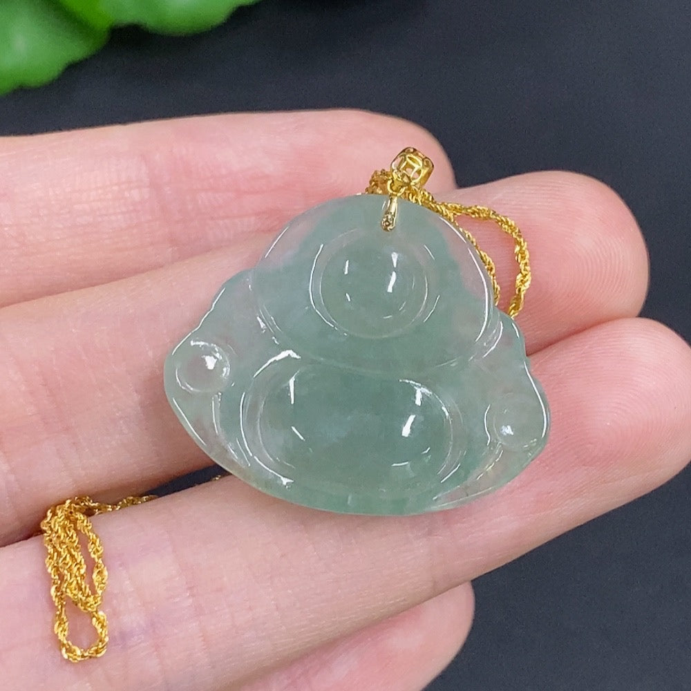 Jadeite Buddha Pendant with 18k Gold, Total Weight Approx. 5.2g (Including Chain)