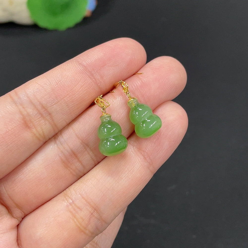 Hetian Jade Inlaid Earrings Gourd Total Weight About 2.9g No Stamp 18k Gold Content