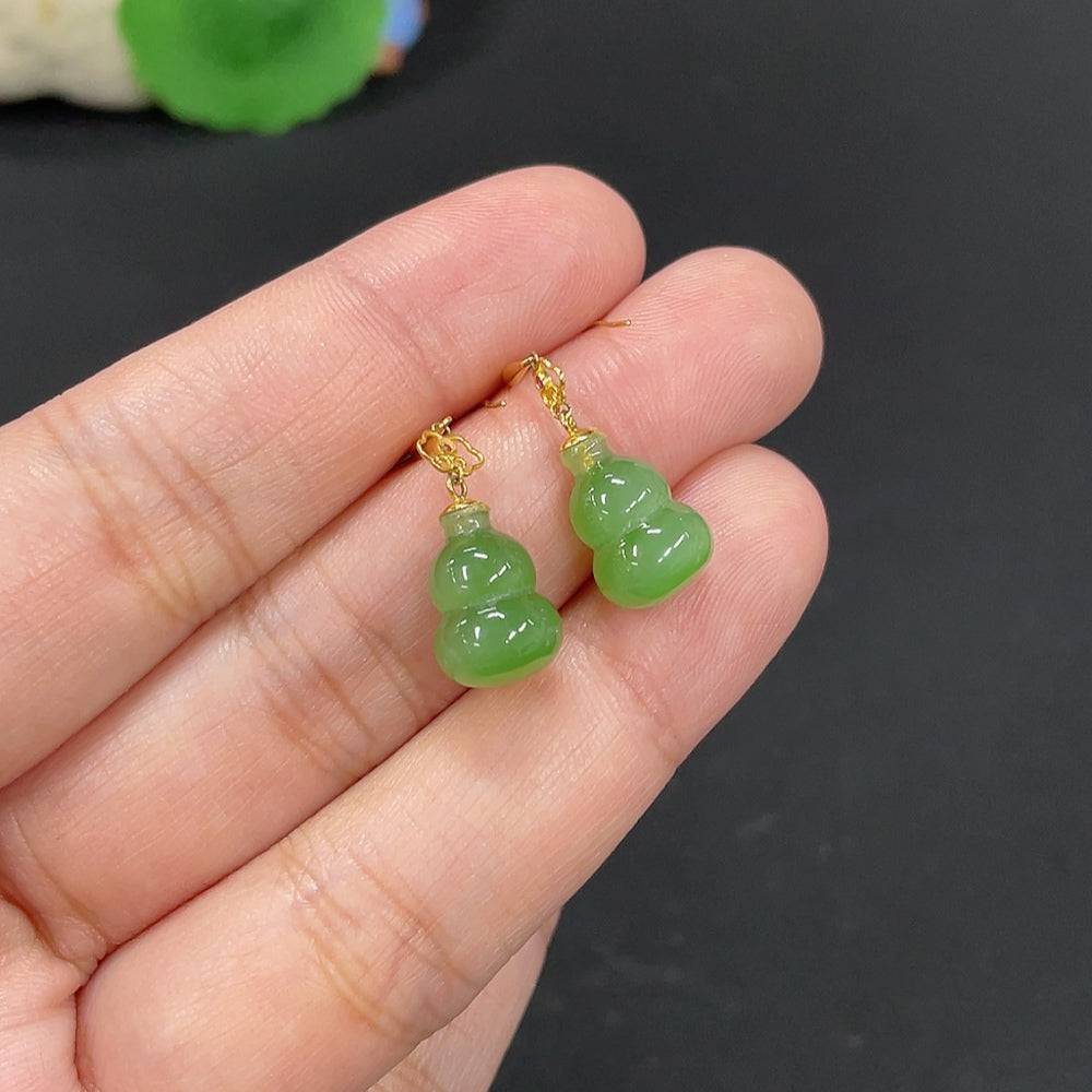 Huiliu HUILIU HQ Hetian jade inlaid earrings with gourd design, crafted from certified jade, featuring intricate inlay work.