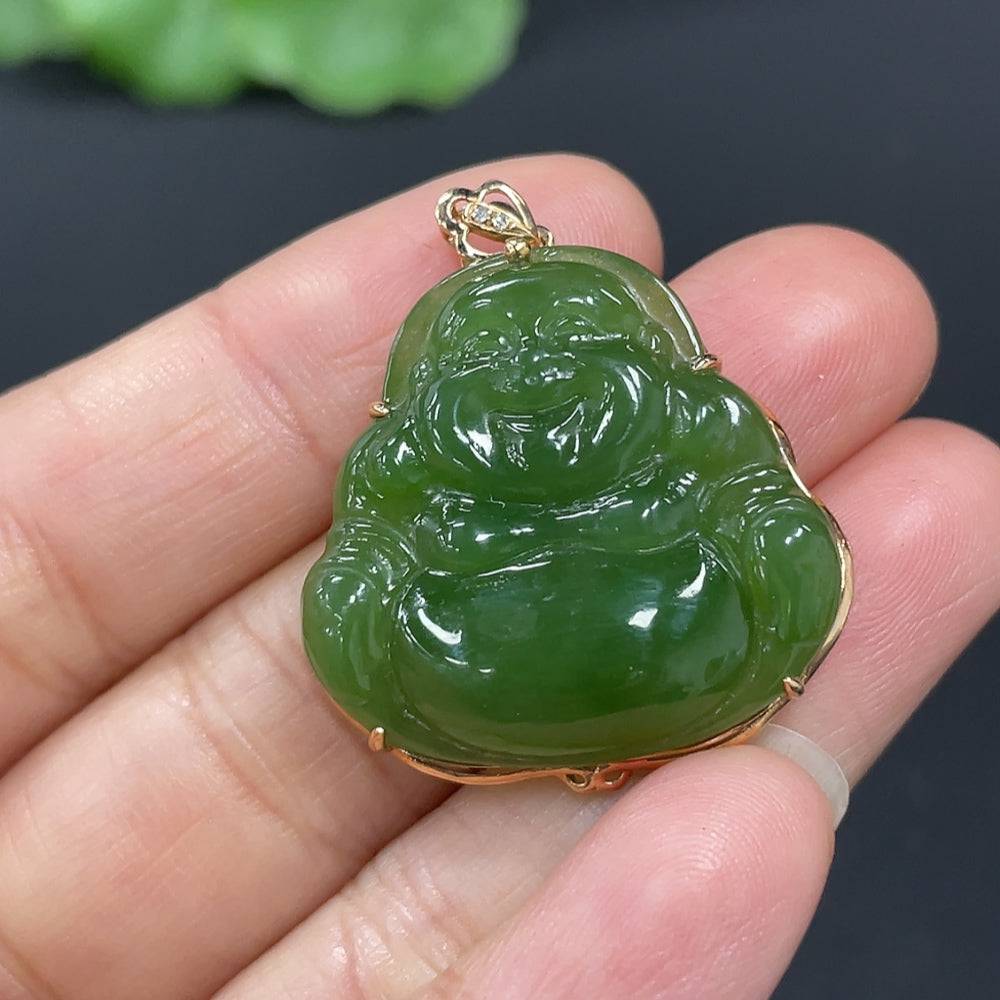 Huiliu HQ Hetian Jade Jasper Inlaid Buddha sculpture with non-diamond accents, showcasing intricate craftsmanship and natural jade hues.