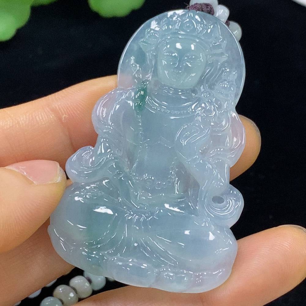 Huiliu Jadeite Tara pendant, green jade jewelry with carved design, Huiliu certified, showcasing intricate craftsmanship.