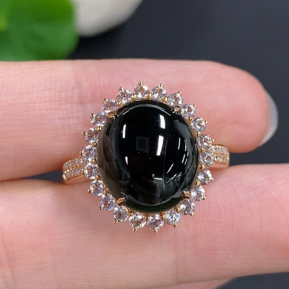 Jadeite cabochon ring with 18K gold (only the smallest accent stones are diamonds)