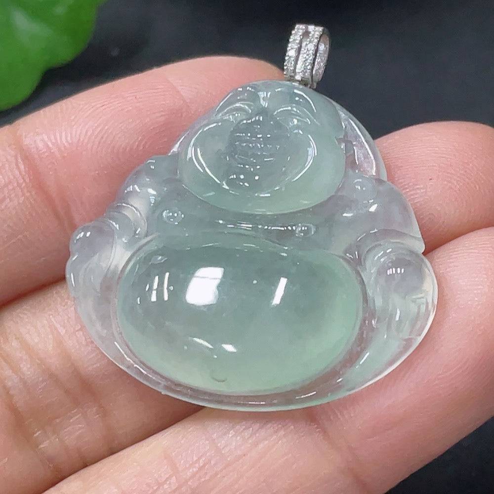 Jadeite Buddha pendant with 18K gold and diamond accents, crafted by HUILIU HQ, weighing approximately 6.53 grams.