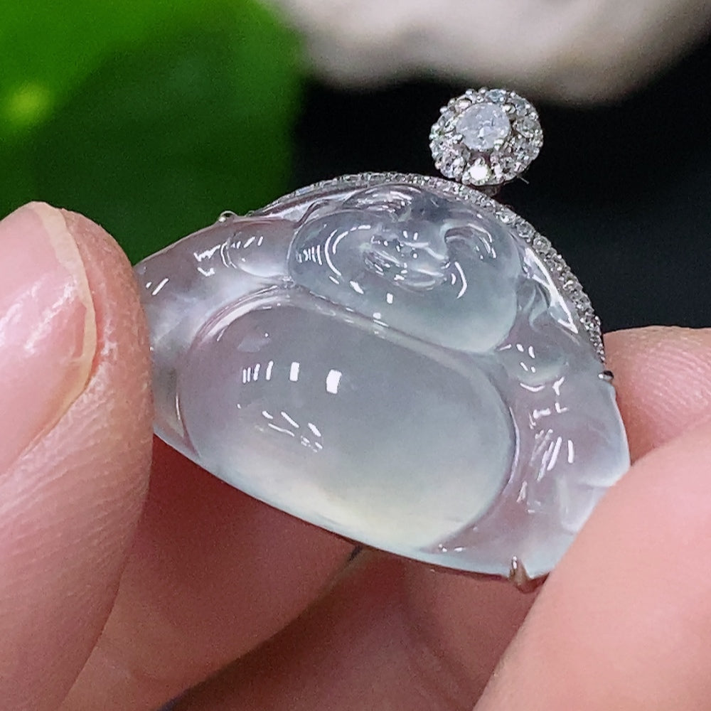 Jadeite Inlaid Buddha Pendant with 18k Gold and Diamond Accents, Total Weight Approximately 3.13g