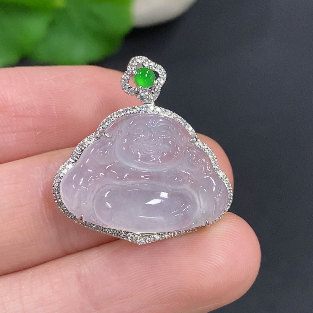 Jadeite Buddha Pendant Set in 18K Gold, Total Weight Approx. 3.7g (with Diamond Accents)