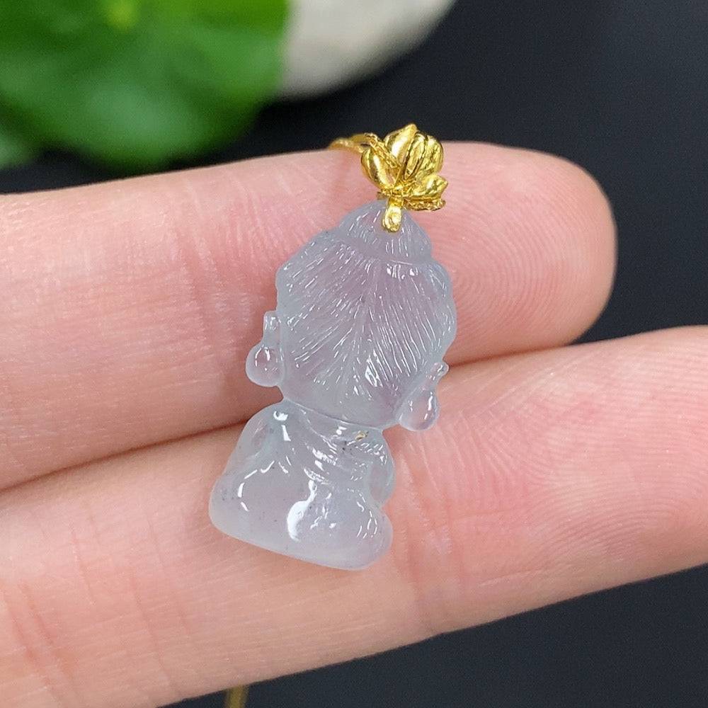 Huiliu Jadeite Baby Buddha pendant with chain, featuring a polished green jade Buddha charm on a silver chain.