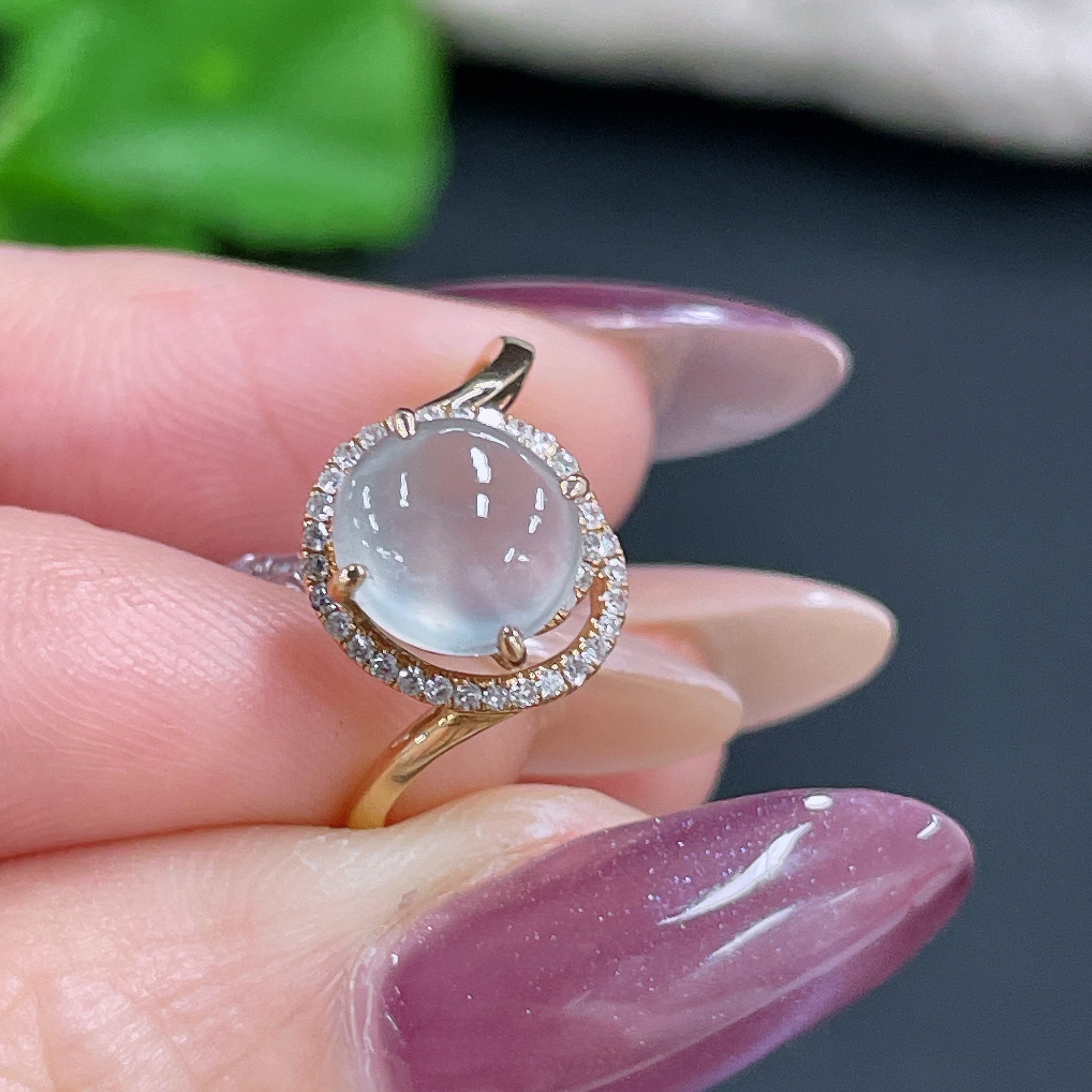 Jadeite Ring 18k Gold Setting with Diamond Accent, Total Weight Approx. 2.3g, Size 12