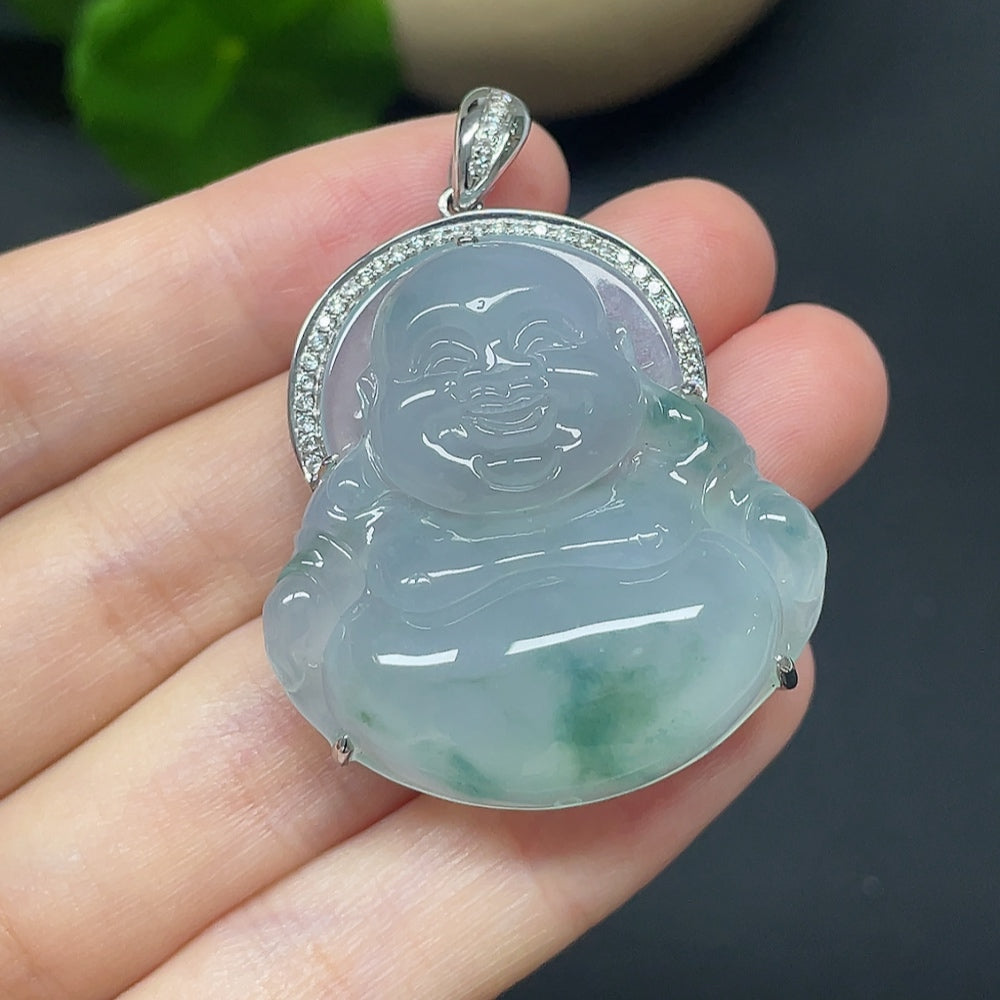 Jadeite Buddha Pendant Set in 18k Gold with Diamond Accents