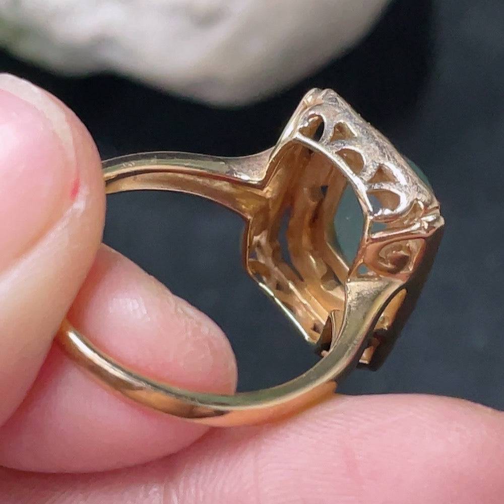 HUILIU HQ jadeite inlaid ring with diamond accent, showcasing intricate craftsmanship and bright green jadeite gemstone.
