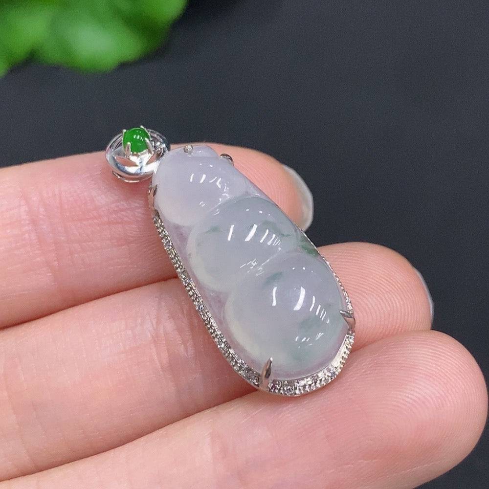 Jadeite Lucky Bean pendant with 18k gold and diamond accents, crafted by HUILIU HQ, featuring a smooth jade surface and detailed design.