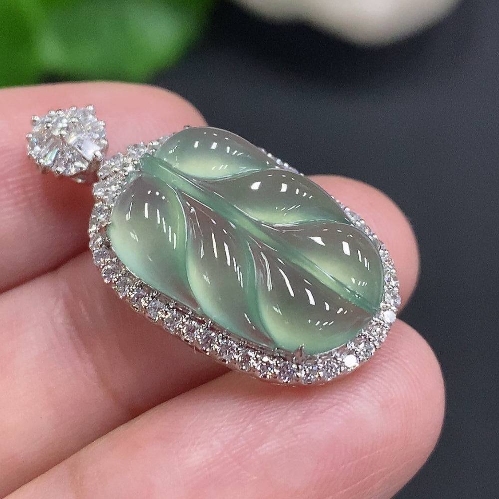 Huiliu Jadeite leaf pendant with diamond accents, featuring intricate inlay work and a polished jade finish.
