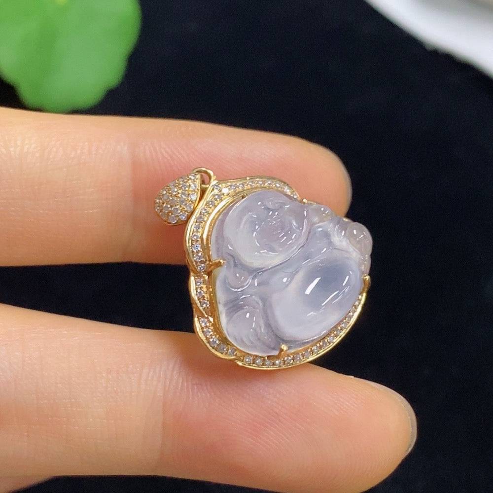 Jadeite Buddha pendant with 18k gold accents and diamond details, crafted by HUILIU HQ, weighing approximately 3.87g.