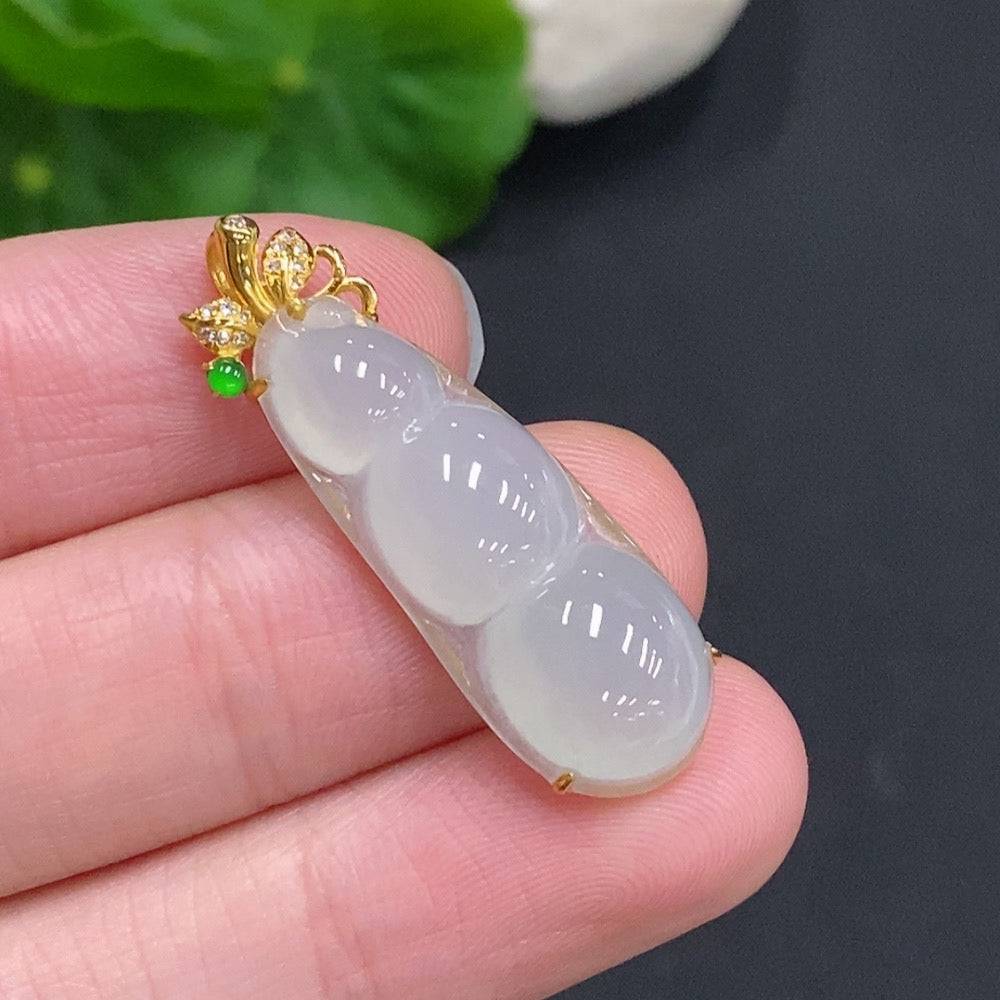 Huiliu Jadeite Lucky Bean Pendant with diamond accents, crafted from green jade, certified by Huiliu HQ.