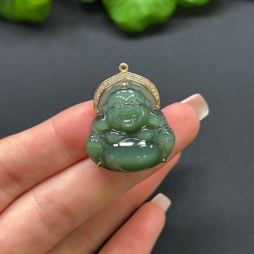 Hetian Jade Jasper Buddha Pendant with 70% Gold and Diamond Inlays