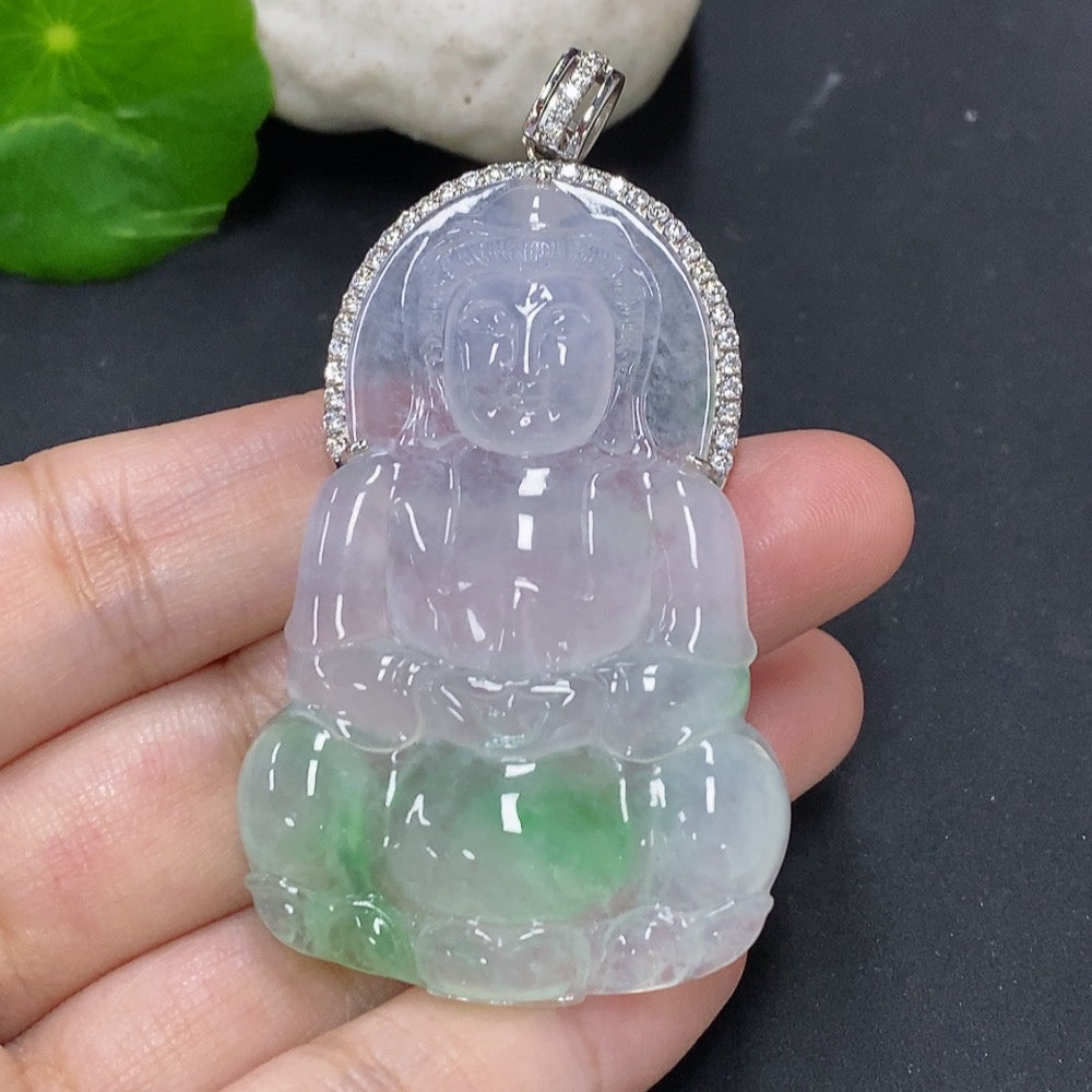 Jadeite Guanyin pendant with 18K gold setting, featuring mineral inlays, weight approx. 21.1g, crafted by HKHQ.