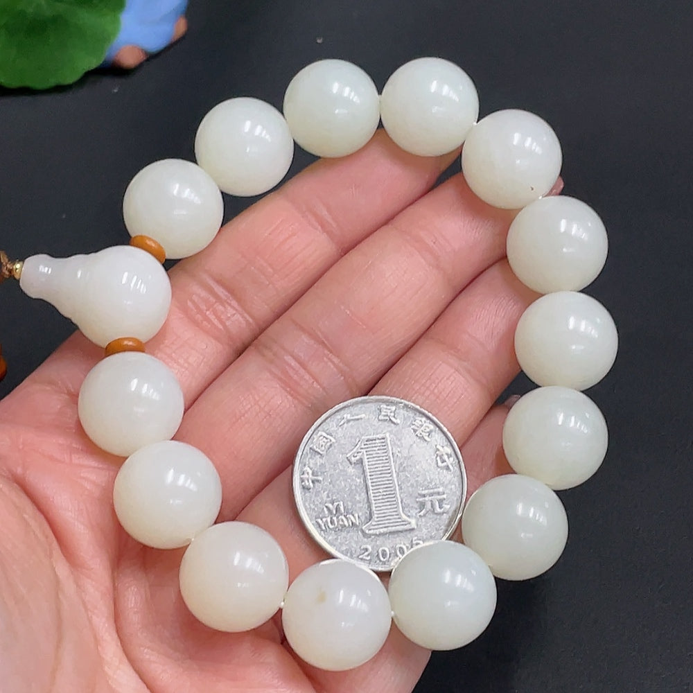 Hetian Jade Bracelet, Approx. 14.4 mm Beads, Total Weight Approx. 73.4g, Undetermined Skin Color Origin, Non-Hetian Jade Beads Included