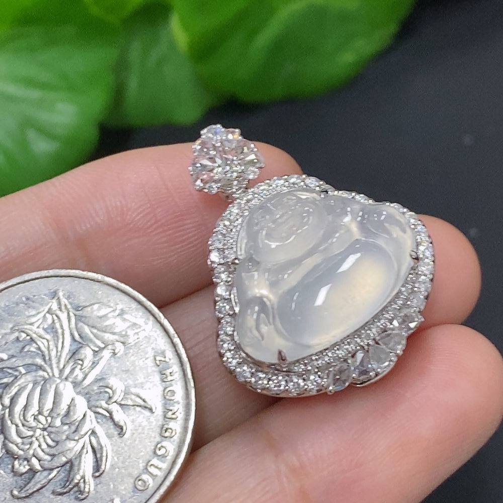 Huiliu Jadeite Buddha pendant with diamond accents in a secure setting, showcasing intricate craftsmanship and vibrant green jade.
