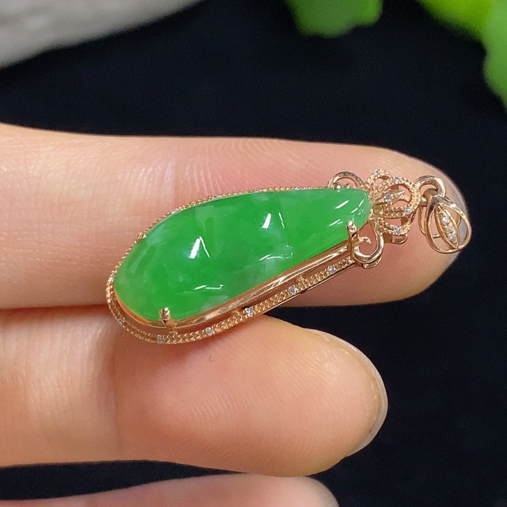 Jadeite Bean Pendant with 18K Gold and Diamond Accents