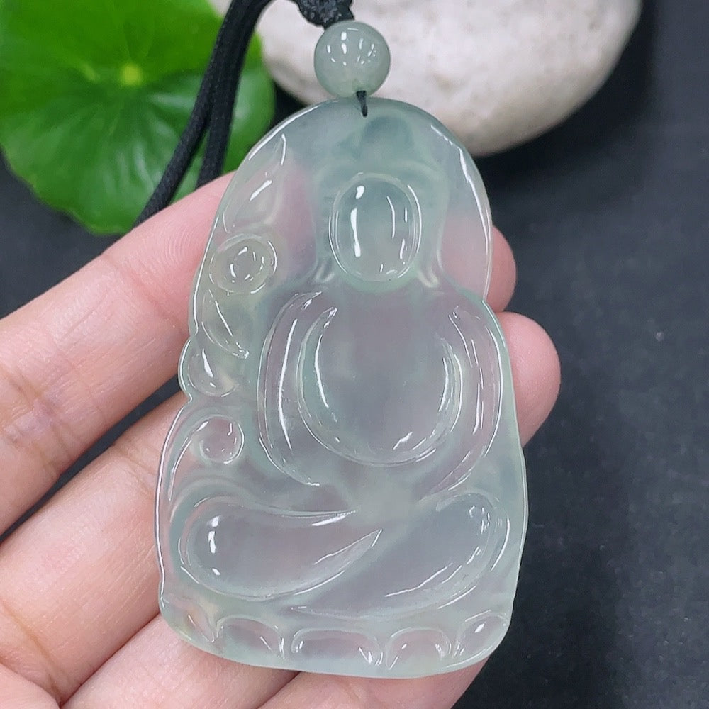 Jadeite Guanyin pendant with rope, weighing 20.86g, natural green stone, detailed carving, hanging from a durable cord.