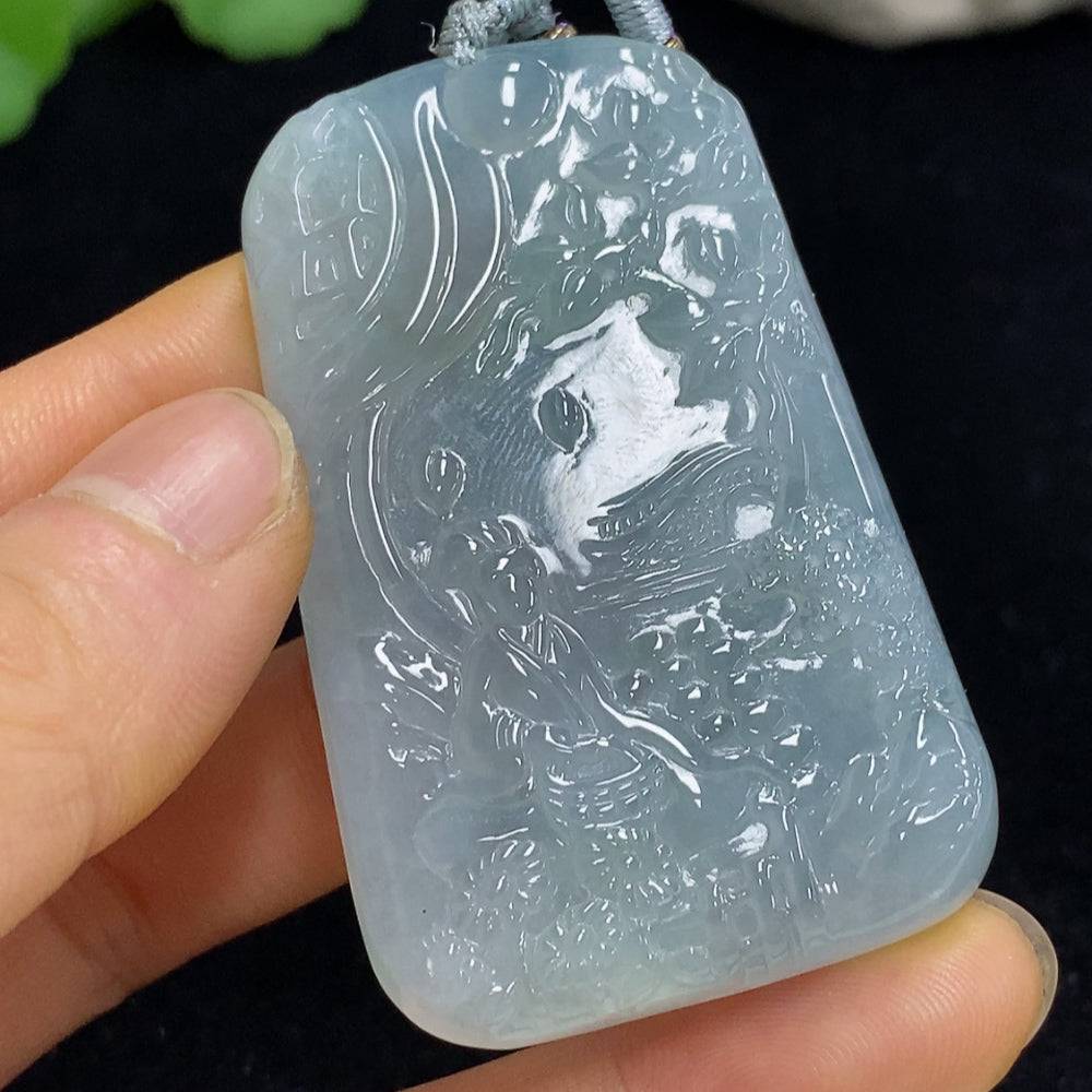 Jadeite landscape pendant with rope, crafted from green jade, weighing approximately 37 grams, by HUILIU HQ.